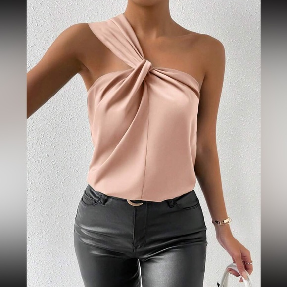 Luxe one shoulder twist front satin blouse - Picture 13 of 15